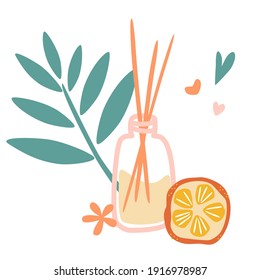 Aroma therapy set. Wooden aroma sticks in glass jar with the smell of orange. Essential air fragrance sticks aromatherapy. Spa and beauty Cartoon Flat vector illustration isolated on white background.