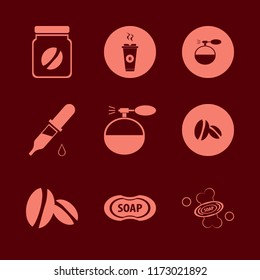 aroma vector icons set. with coffee jar, dropper pipette, coffee beans and cologne spray in set