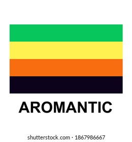 Aromantic flag with title. LGBT+ movement pride  flag with horizontal stripes. Concept for lgbt community, family and rights. Flat isolated stock vector illustration Eps 10