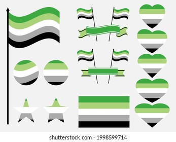 Aromantic pride flag collection of symbols. Hearts, stars and circles with aromantic flag. Sexual minorities. Design for banner and poster. Vector illustration