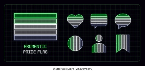Aromantic pride flag icon set, neon glow visuals. Pride month flag, sexual orientation theme.