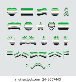 Aromantic Pride Flag and symbols many icon set vector. Aromantic pride flag graphic design element isolated on a gray background. Aromantic icons in flat style