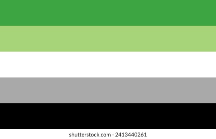Aromantische Flaggen, LGBT-Flagge, 	Grün für aromatisches Spektrum, weiß für platonische Liebe und Freundschaft, grau und schwarz für das Spektrum der Sexualität