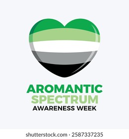 Aromantic Spectrum Awareness Week poster vector illustration. Aromantic pride flag in heart shape icon. LGBT aromantic flag love symbol. Template for background, banner, card. February every year