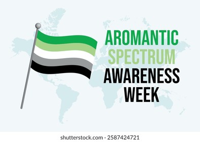 Aromantic Spectrum Awareness Week poster vector illustration. Aromantic waving flag on a pole icon vector. LGBT aromantic pride flag symbol. Template for background, banner, card. February every year