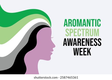 Aromantic Spectrum Awareness Week poster vector illustration. Female head in profile with long rainbow hair icon. LGBT aromantic pride flag symbol. Template for background, banner, card