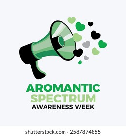 Aromantic Spectrum Awareness Week poster vector illustration. Loud speaker and hearts shape icon vector. LGBTQIA aromantic megaphone graphic design element. Template for background, banner, card