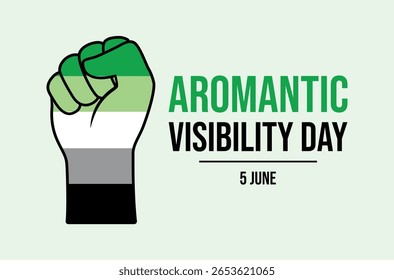 Aromântico Visibility Day cartaz ilustração vetorial. Ícone romântico mão levantada punho. Símbolo de punho cerrado LGBTQ. Modelo para plano de fundo, banner, cartão. 5 de junho. Dia importante