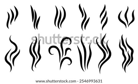 Aromas smell symbols. Linear smells vaporize set, hot coffee aroma, stink or cooking steam, smelling or vapor, smoking, odors signs.