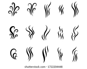 aromas, smell vaporize icon. Outline symbols smoke, cooking steam odour, fume of flame. Hot aroma odors signs set. Wave of stench isolated. vector illustration