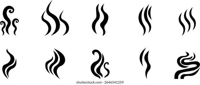 Aromas vaporize ícone definir moda plana mão desenhado linha cômico doodle. Cheira a vetor, aroma a quente, aroma a ar, fedor ou símbolos de vapor de cozinha, cheiro a vapor, fumo ou odores. silhueta de nuvens ou vento.