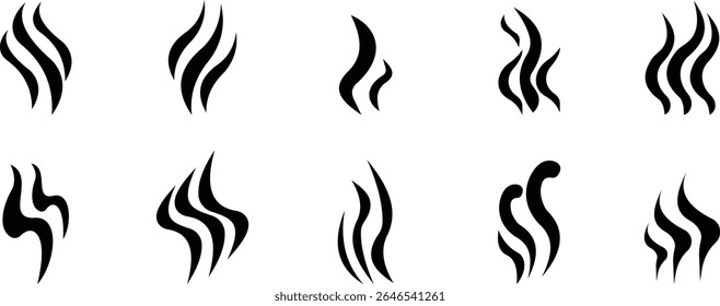 Aromas vaporize ícone definir moda plana mão desenhado linha cômico doodle. Cheira a vetor, aroma a quente, aroma a ar, fedor ou símbolos de vapor de cozinha, cheiro a vapor, fumo ou odores. silhueta de nuvens ou vento.