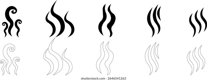 Aromas vaporize ícone definir moda plana mão desenhado linha cômico doodle. Cheira a vetor, aroma a quente, aroma a ar, fedor ou símbolos de vapor de cozinha, cheiro a vapor, fumo ou odores. silhueta de nuvens ou vento.