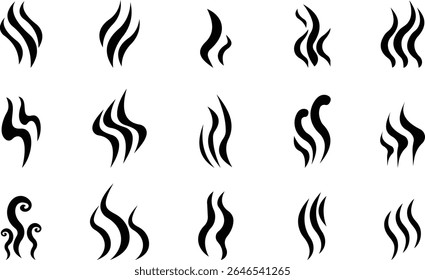 Aromas vaporize ícone definir moda plana mão desenhado linha cômico doodle. Cheira a vetor, aroma a quente, aroma a ar, fedor ou símbolos de vapor de cozinha, cheiro a vapor, fumo ou odores. silhueta de nuvens ou vento.
