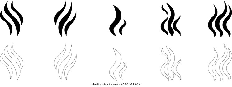 Aromas vaporize ícone definir moda plana mão desenhado linha cômico doodle. Cheira a vetor, aroma a quente, aroma a ar, fedor ou símbolos de vapor de cozinha, cheiro a vapor, fumo ou odores. silhueta de nuvens ou vento.