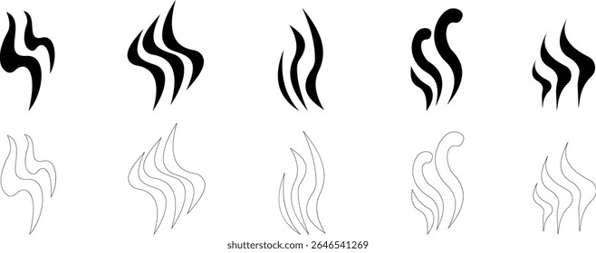 Aromas vaporize ícone definir moda plana mão desenhado linha cômico doodle. Cheira a vetor, aroma a quente, aroma a ar, fedor ou símbolos de vapor de cozinha, cheiro a vapor, fumo ou odores. silhueta de nuvens ou vento.