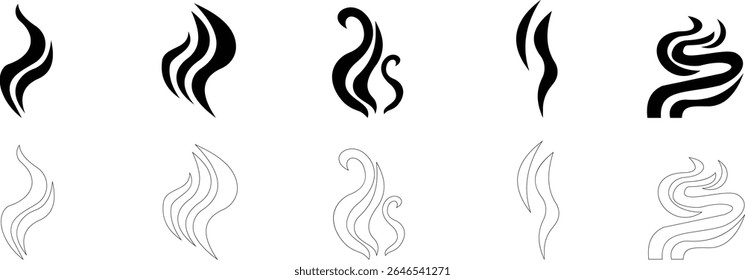 Aromas vaporize ícone definir moda plana mão desenhado linha cômico doodle. Cheira a vetor, aroma a quente, aroma a ar, fedor ou símbolos de vapor de cozinha, cheiro a vapor, fumo ou odores. silhueta de nuvens ou vento.