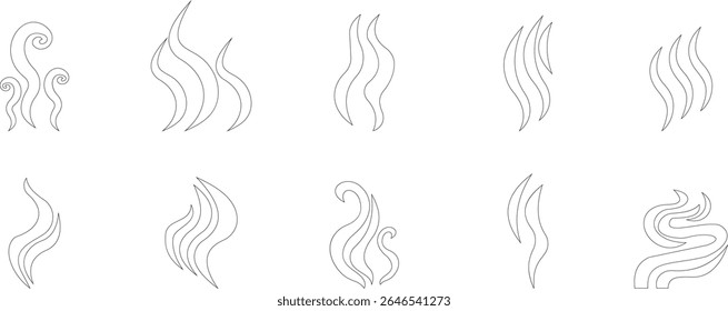 Aromas vaporize ícone definir moda plana mão desenhado linha cômico doodle. Cheira a vetor, aroma a quente, aroma a ar, fedor ou símbolos de vapor de cozinha, cheiro a vapor, fumo ou odores. silhueta de nuvens ou vento.