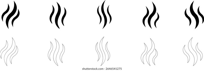 Aromas vaporize ícone definir moda plana mão desenhado linha cômico doodle. Cheira a vetor, aroma a quente, aroma a ar, fedor ou símbolos de vapor de cozinha, cheiro a vapor, fumo ou odores. silhueta de nuvens ou vento.