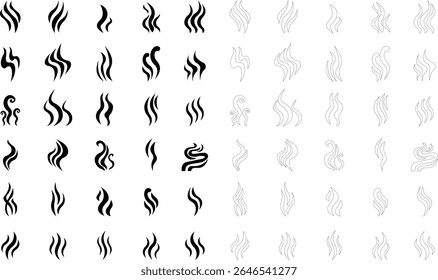 Aromas vaporize ícone definir moda plana mão desenhado linha cômico doodle. Cheira a vetor, aroma a quente, aroma a ar, fedor ou símbolos de vapor de cozinha, cheiro a vapor, fumo ou odores. silhueta de nuvens ou vento.