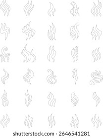 Aromas vaporize ícone definir moda plana mão desenhado linha cômico doodle. Cheira a vetor, aroma a quente, aroma a ar, fedor ou símbolos de vapor de cozinha, cheiro a vapor, fumo ou odores. silhueta de nuvens ou vento.