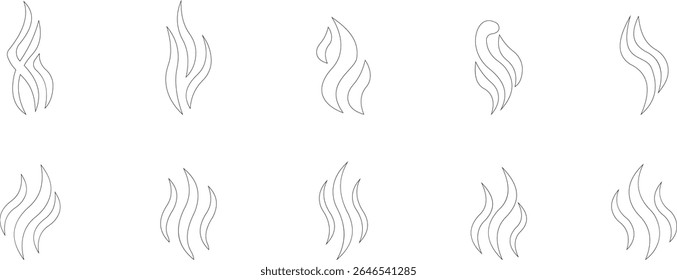 Aromas vaporize ícone definir moda plana mão desenhado linha cômico doodle. Cheira a vetor, aroma a quente, aroma a ar, fedor ou símbolos de vapor de cozinha, cheiro a vapor, fumo ou odores. silhueta de nuvens ou vento.
