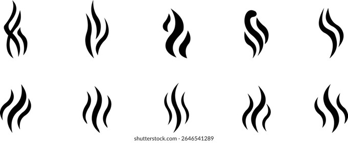 Aromas vaporize ícone definir moda plana mão desenhado linha cômico doodle. Cheira a vetor, aroma a quente, aroma a ar, fedor ou símbolos de vapor de cozinha, cheiro a vapor, fumo ou odores. silhueta de nuvens ou vento.