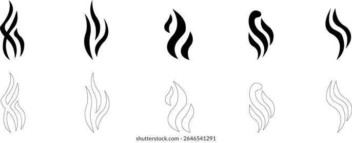 Aromas vaporize ícone definir moda plana mão desenhado linha cômico doodle. Cheira a vetor, aroma a quente, aroma a ar, fedor ou símbolos de vapor de cozinha, cheiro a vapor, fumo ou odores. silhueta de nuvens ou vento.