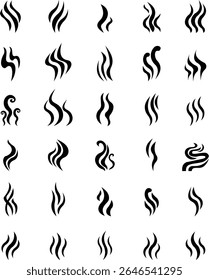 Aromas vaporize ícone definir moda plana mão desenhado linha cômico doodle. Cheira a vetor, aroma a quente, aroma a ar, fedor ou símbolos de vapor de cozinha, cheiro a vapor, fumo ou odores. silhueta de nuvens ou vento.