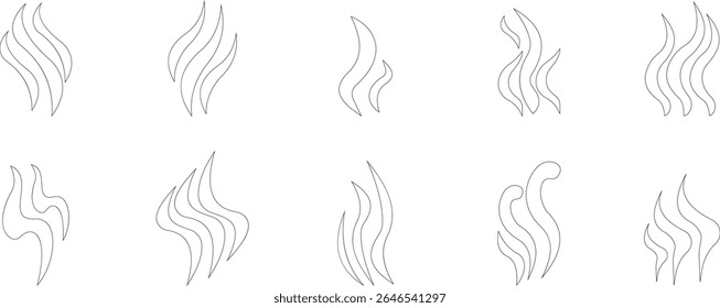 Aromas vaporize ícone definir moda plana mão desenhado linha cômico doodle. Cheira a vetor, aroma a quente, aroma a ar, fedor ou símbolos de vapor de cozinha, cheiro a vapor, fumo ou odores. silhueta de nuvens ou vento.
