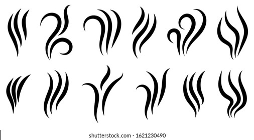 Aromas vaporize icons. Smells linear icon set, hot aroma, stink or cooking steam symbols, smelling or vapor, smoking or odors signs isolated on white. Vector illustration. 