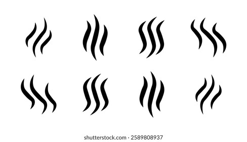 Aromas vaporize icons. Smoke, steam flat line icons set. Vector vapor, aroma, stink, odors symbols or fumes. Fragrances evaporate icons. Vector illustration