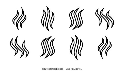 Aromas vaporize icons. Smoke, steam flat line icons set. Vector vapor, aroma, stink, odors symbols or fumes. Fragrances evaporate icons. Vector illustration