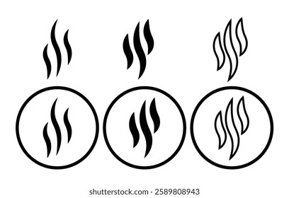 Aromas vaporize icons. Smoke, steam flat line icons set. Vector vapor, aroma, stink, odors symbols or fumes. Fragrances evaporate icons. Vector illustration