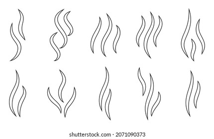 Aromas wavy icons set. Black outline steam, symbol smell smoking or stench. Simple line template odour coffee or tea, perfume scent. Sign heat water or hot smoke. Isolated on white vector illustration