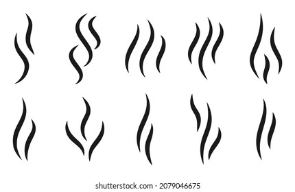 Aromas wavy icons set. Black silhouette steam, symbol smell smoking or stench. Simple template odour coffee or tea, perfume scent. Sign heat water or hot smoke. Isolated on white vector illustration