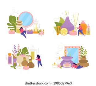Aromatherapy 2x2 design concept set of flat compositions with ingredients for spa wellness therapy and body care vector illustration