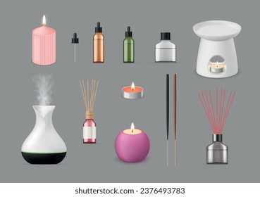 Aromatherapy accessories candles essential oil aroma lamp diffuser and sticks set realistic vector illustration. Natural fragrance equipment for massage relaxation meditation at spa salon air perfume