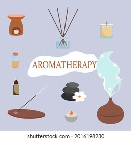 Aromatherapy accessories. Essential oils, aroma diffuser, burning candles, stones, white aroma flowers, reed diffuser, burning incense sticks, SPA products.