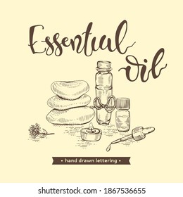 Aromatherapy accessories and lettering essential oil.