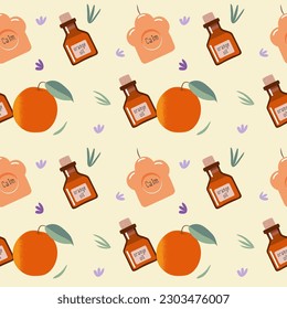 Aromatherapy accessories orange essential oils, aromatic candles, lavender flowers, orange fruit vector seamless pattern 