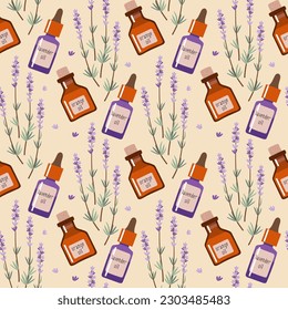 Aromatherapy accessories set of lavender flowers, lavender and orange essential oils vector seamless pattern for wrapping paper, textile, wallpaper 