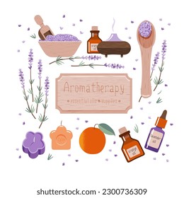 Aromatherapie-Accessoires Set Lavendel und orangefarbene ätherische Öle, Aroma-Diffusor, Badesalz, aromatische Kerzen, Holzplatten und Löffel-Vektorelemente einzeln auf weißem Hintergrund