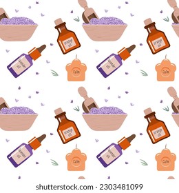 Accesorios de aromaterapia para lavanda y aceites esenciales de naranja, flores de lavanda, sal de baño, velas aromáticas, placa de madera vectorial patrón sin costura para papel envoltorio, textil, papel tapiz
