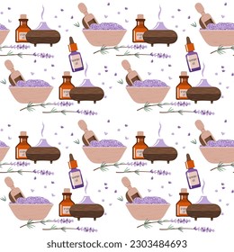 Aromatherapy accessories set lavender and orange essential oils, lavender flowers, aroma diffuser, bath salt, wooden plate and spoon vector seamless pattern for wrapping paper, textile, wallpaper 