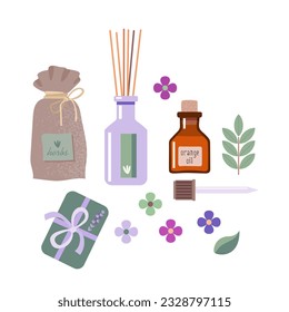 Accesorios de aromaterapia conjunto pipeta, frasco de palos de incienso, bolsa de hierbas secas, aceite esencial de naranja, ramas, flores, hojas, elementos vectores de jabón aislados en fondo blanco