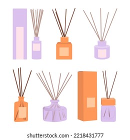 Aromatherapy. Aroma diffuser, essential oil for home set. Vector flat illustration concept. Glass Jar Different Color with Wooden Aroma Sticks