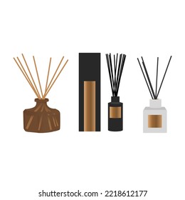 Aromaterapia. Difusor de aroma, aceite esencial para el equipo doméstico. Concepto de ilustración plana vectorial. Diferente color de barra de vidrio con pegamento de aluminio de madera