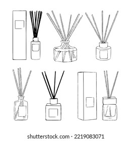 Aromatherapie. Aroma-Diffusor, ätherisches Öl für den Heimkasten. Vektorgrafik, Linie Art Illustration Konzept. Glaskeramik Unterschiedliche Farbe mit hölzernen Aroma-Sticks