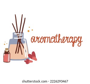 Aromatherapie. Aroma-Diffusor, ätherisches Öl. Aroma-Sticks aus Holz mit Buchstaben